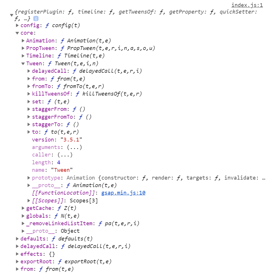 Dev tools view of GreenSock object